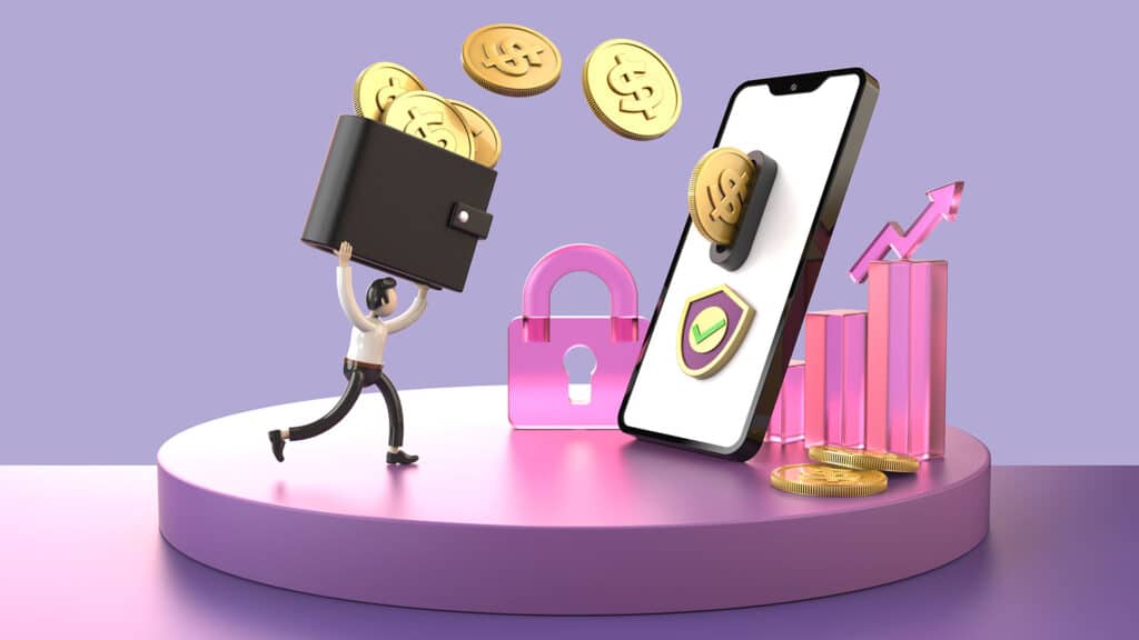 Illustration d'un portefeuille numérique sécurisé avec pièces d'or, smartphone et graphique de croissance en rose